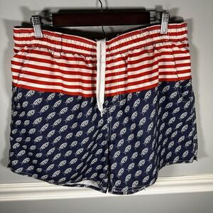 AFTCO Mens Large Lined Red White Blue Flag Fish All Over‎ Print Swim Shorts